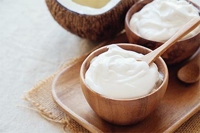 photo of yoghurt in wooden bowls